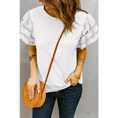 White Hollow Out Ruffle Sleeve T-shirt - White / S - Tops/Tops & Tees