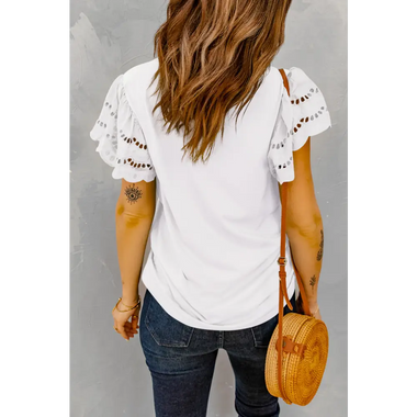 White Hollow Out Ruffle Sleeve T-shirt - Tops/Tops & Tees