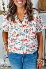 White Horse Galloping Allover Print Split Neck Plus Size Blouse - White / 1X / 100% Polyester - Plus Size/Plus Size