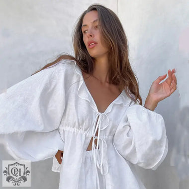 White Lantern Sleeve Two Piece Set - Clothing