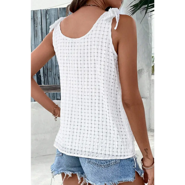 White Lattice Texture Bowknot Shoulder V Neck Tank Top - Tops/Tank Tops