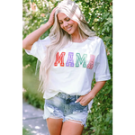 White MAMA Chenille Patched Crew Neck T Shirt in various sizes featuring colorful text