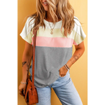 White Ribbed Color Block Patchwork T-shirt in sizes with bust and hem for relaxed style