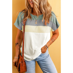 White Ribbed Color Block Patchwork T-shirt with mint green, gray, and white panels