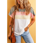 Color-block T-shirt in grey, pink, and white, perfect for sizes bust hem and relaxed style