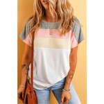 Color-block t-shirt in grey, pink, and white stripes for relaxed fit in various sizes