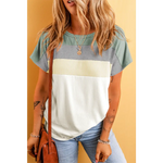 Color-block t-shirt in sage green and white with short sleeves, available in sizes bust hem