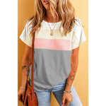 White Ribbed Color Block Patchwork T-shirt with pink and gray stripes in various sizes