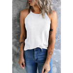 White Solid Color Crew Neck Tank Top paired with blue jeans for a stylish look