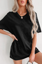 Black oversized v-neck t-shirt with short sleeves available in various sizes bust hem