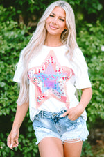 White Star Patchwork Loose T-shirt featuring a pink and blue star design for relaxed style