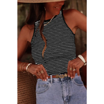 White Striped Print Ribbed Knit Sleeveless Top - Black / S / 95% Polyester + 5% Elastane - Tops/Tank Tops