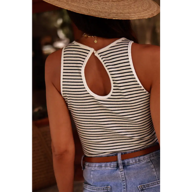 White Striped Print Ribbed Knit Sleeveless Top - Tops/Tank Tops