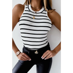 White Striped Print Ribbed O-neck Sleeveless Top - White / S / 95% Cotton + 5% Elastane - Tops/Tank Tops