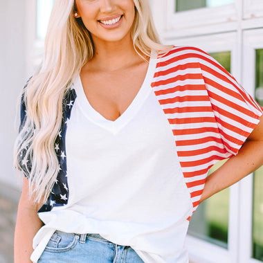 Casual White The US Stars and Stripes V Neck Tee with striped sleeves and light blue jeans