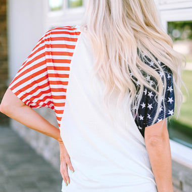 Patriotic White The US Stars and Stripes V Neck Tee with denim shorts, perfect for relaxed style