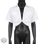 Women Clothing Sexy Short Exposed Cropped Twisted Solid Color Polo Collar Shirt T shirt Top - Quality Home Clothing| Beauty