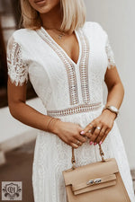 White V Neck High Waist Lace Maxi Dress - Dresses/Maxi Dresses