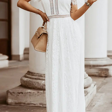 White V Neck High Waist Lace Maxi Dress - White / S / 95% Polyester + 5% Spandex - Dresses/Maxi Dresses