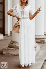 White V Neck High Waist Lace Maxi Dress - White / S / 95% Polyester + 5% Spandex - Dresses/Maxi Dresses