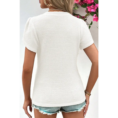 White V Neck Petal Sleeve Waffle Knit T-Shirt - Tops/Tops & Tees