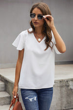 White V Neck Short Sleeve Tee with flutter sleeves in various sizes for bust and waist