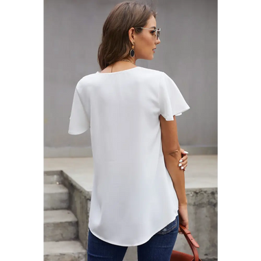 White flutter sleeve v-neck blouse with curved hemline for relaxed styles in all sizes