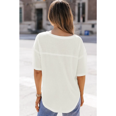 White Waffle Knit Drop Shoulder Loose Top - Tops/Tops & Tees