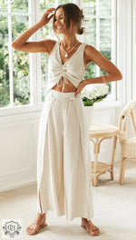 Wide Leg Split Trousers & Drawstring Top - S / Apricot - Clothing