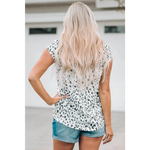 White leopard print blouse with denim shorts, featuring relax fit and versatile sizes bust shoulder