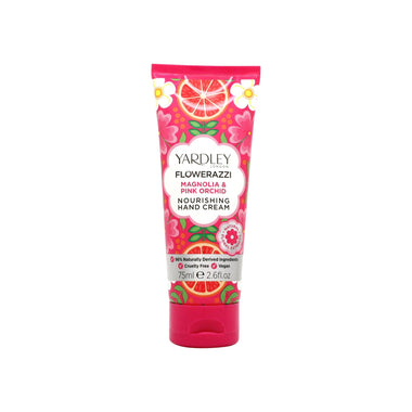 Pink tube of Yardley Flowerazzi Magnolia & Pink Orchid Hand Cream 75ml moisturizing product