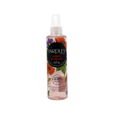 Spray bottle of Yardley Poppy and Violet Kroppsmist 200ml with English Rose fragrance