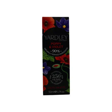 Yardley Poppy & Violet Eau de Toilette 50ml Spray package with floral design on dark background