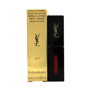 Yves Saint Laurent Rouge Pur Couture lipstick 411 with gold packaging for Vinyl Cream Liquid