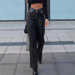 Fall Women High Waist Straight Loose Wide Leg Casual Pants Leather Pants - QH Clothing