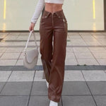 Fall Women High Waist Straight Loose Wide Leg Casual Pants Leather Pants - QH Clothing